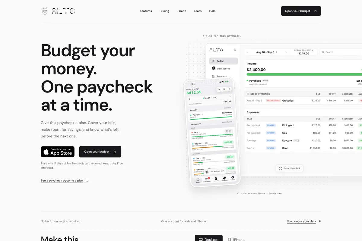 Alto Budgeting desktop website
