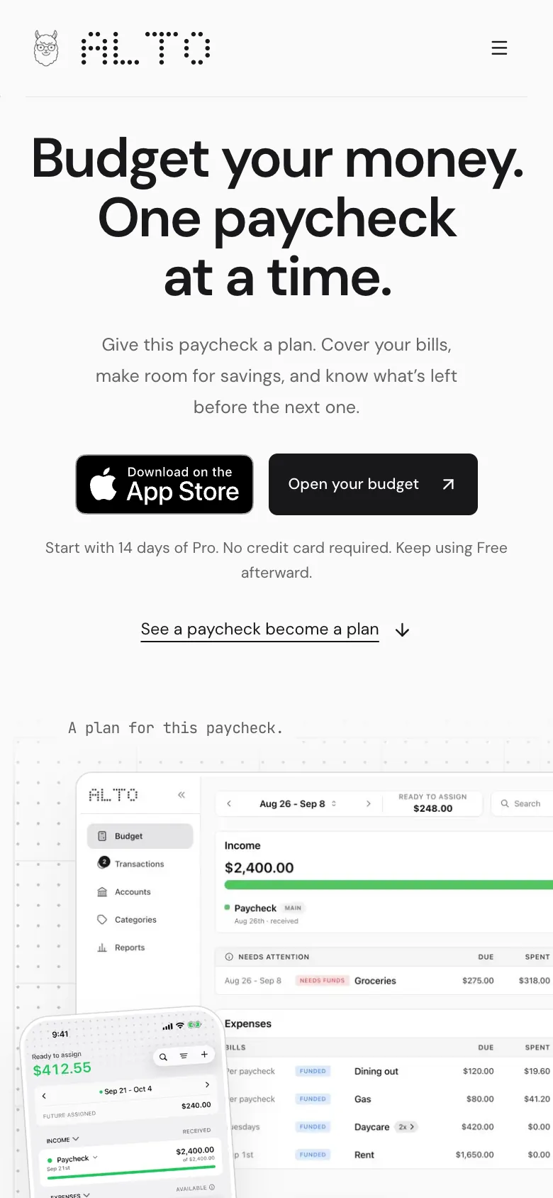 Alto Budgeting mobile website