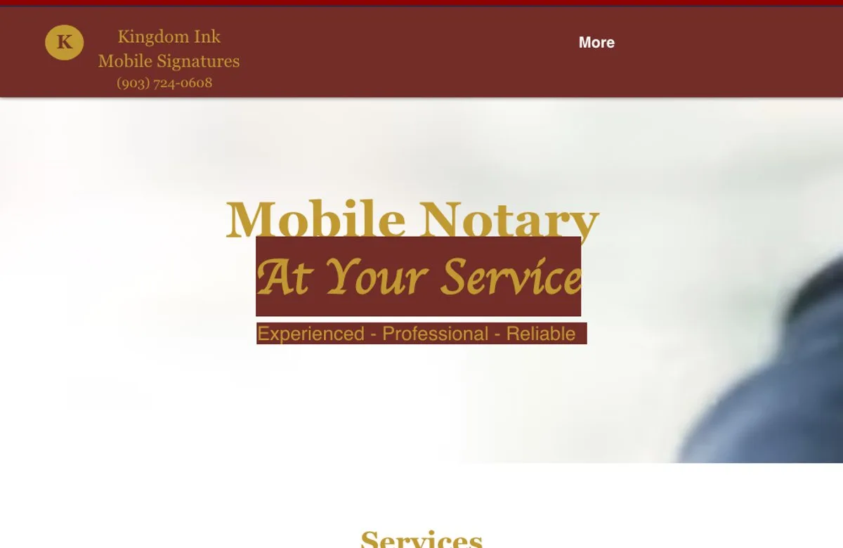 The old Kingdom Ink website — a generic Wix template with a stock photo hero